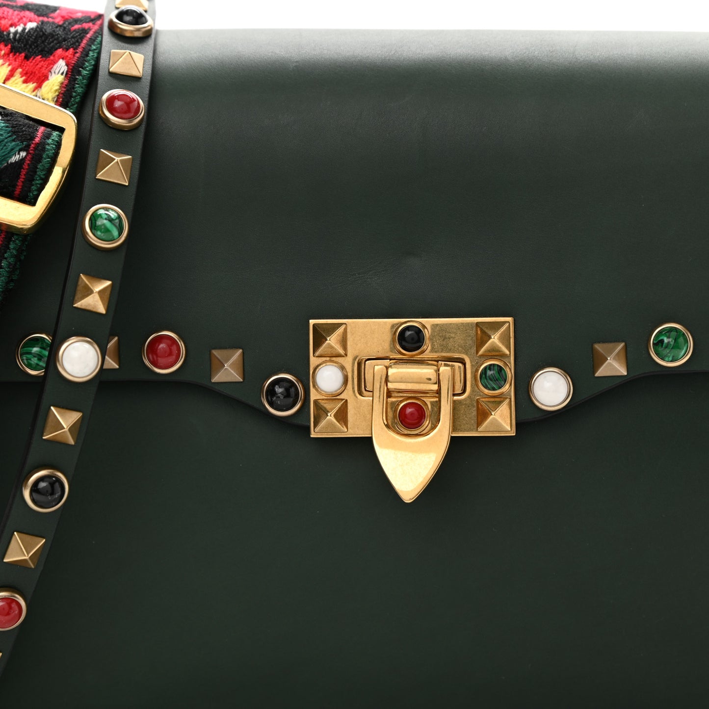 Calfskin Medium Guitar Strap Rockstud Rolling Flap Saddle Bag Dark Green