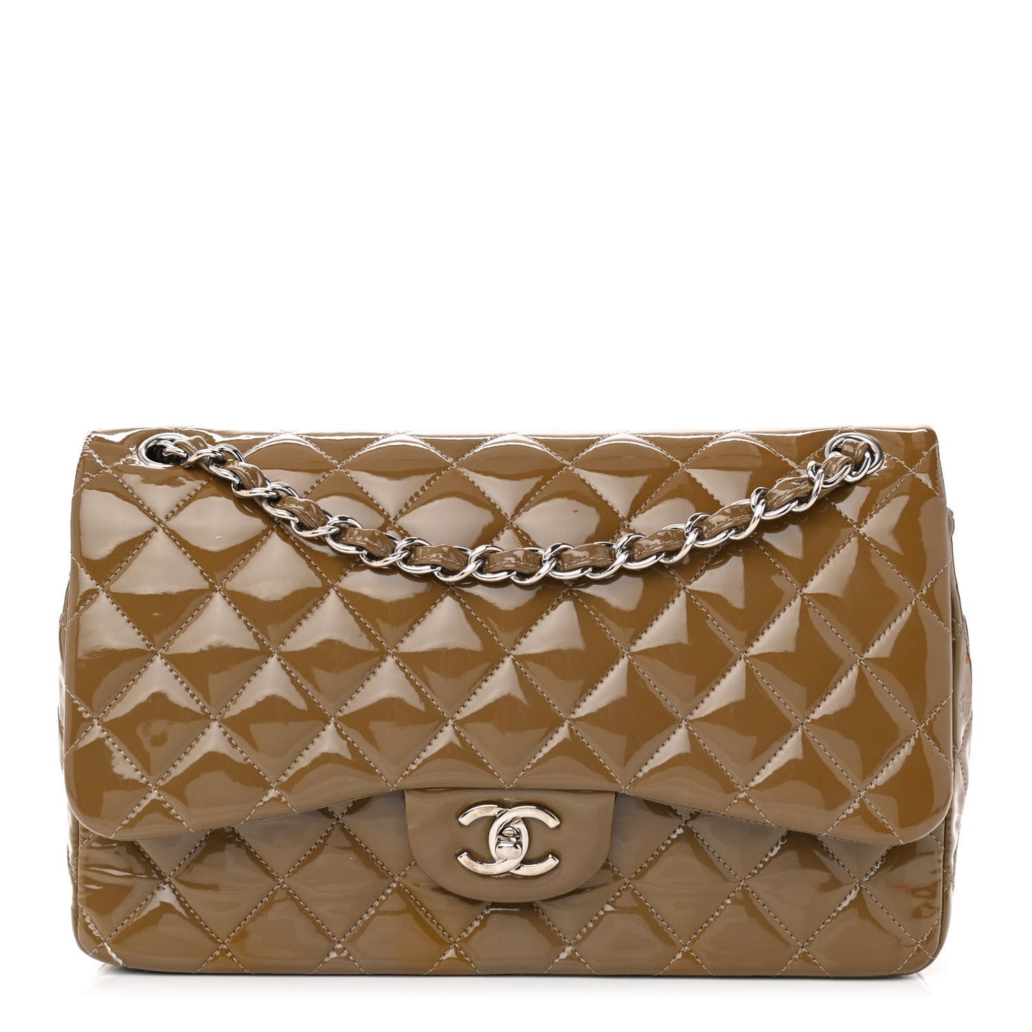 Patent Calfskin Quilted Jumbo Double Flap Grey