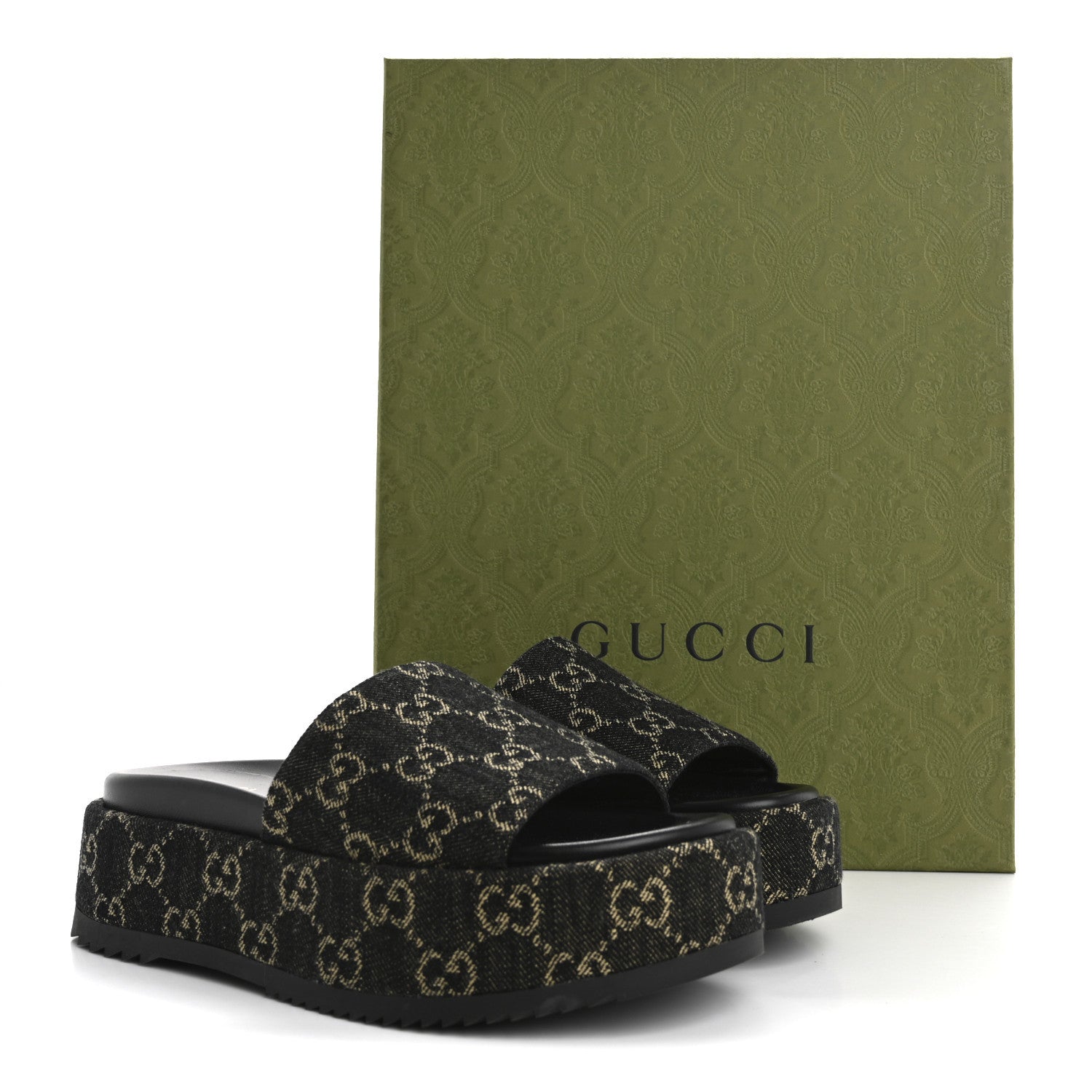 Gucci Jacquard Black Denim GG Monogram Angelina Platform 55mm Slide Sandals 36 Black Ivory 10 of 10
