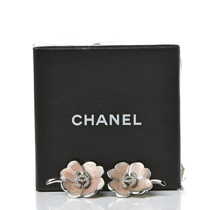 Chanel Enamel Crystal CC Camellia Clip On Earrings Beige Silver 5 of 5