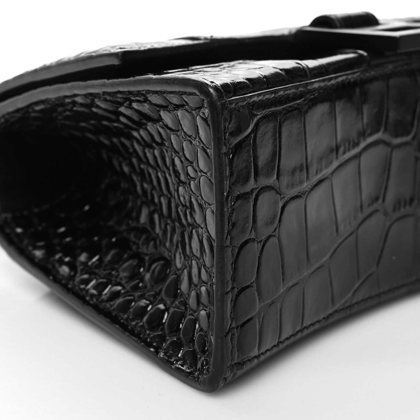 Shiny Calfskin Monochrome Crocodile Embossed Small Hourglass Top Handle Bag Black