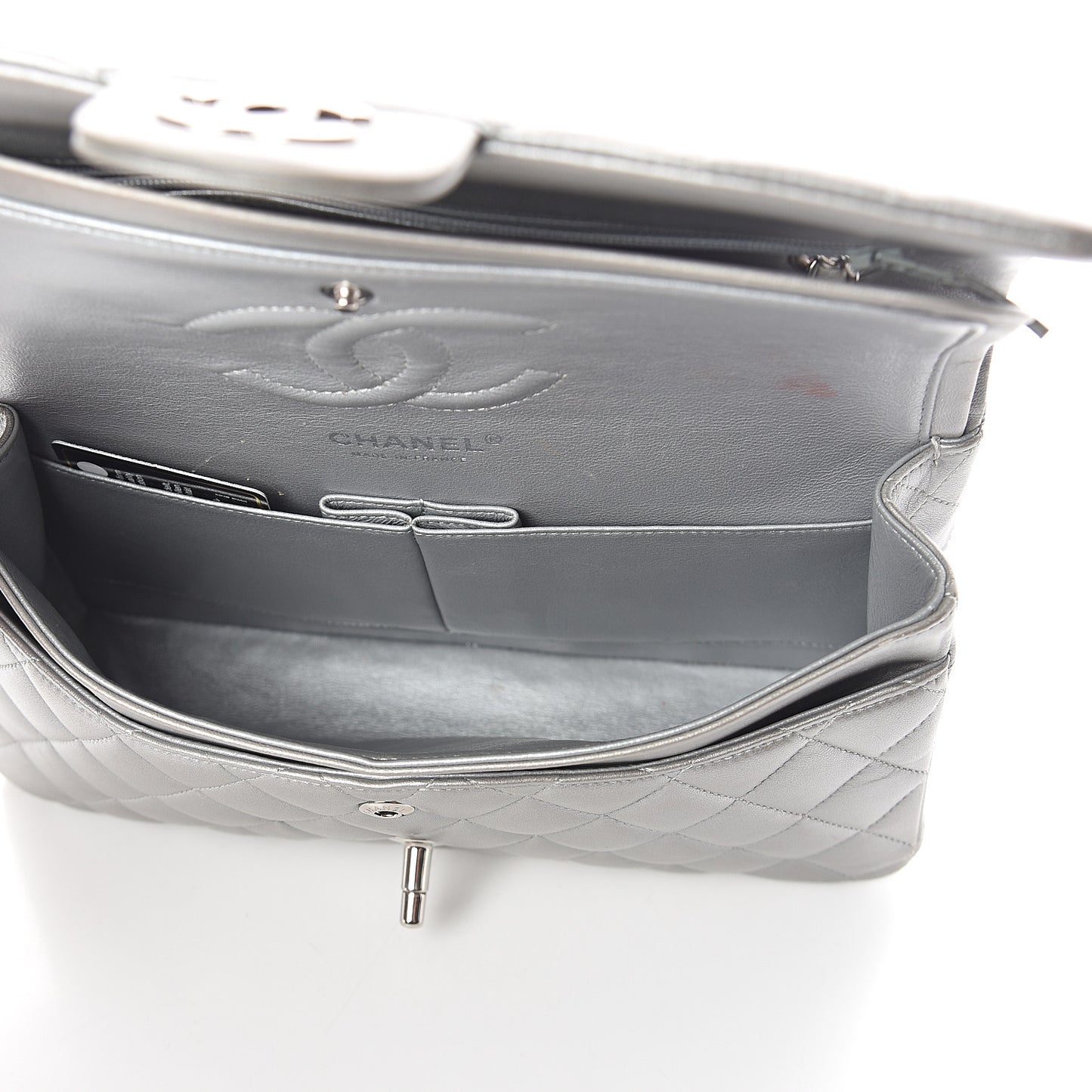 Metallic Lambskin Quilted Medium Double Flap Silver