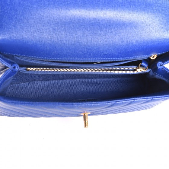 Caviar Chevron Quilted Small Coco Handle Flap Blue