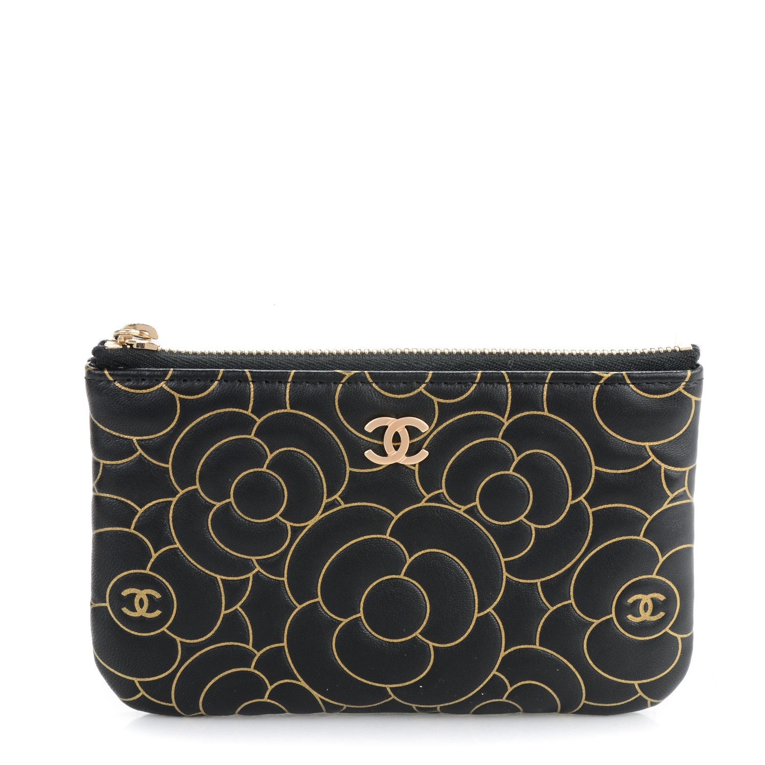Chanel Lambskin Camellia Embossed Cosmetic Pouch Black Gold 1 of 7
