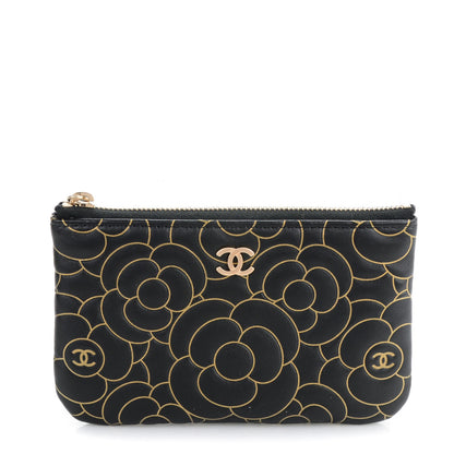 Chanel Lambskin Camellia Embossed Cosmetic Pouch Black Gold 1 of 7