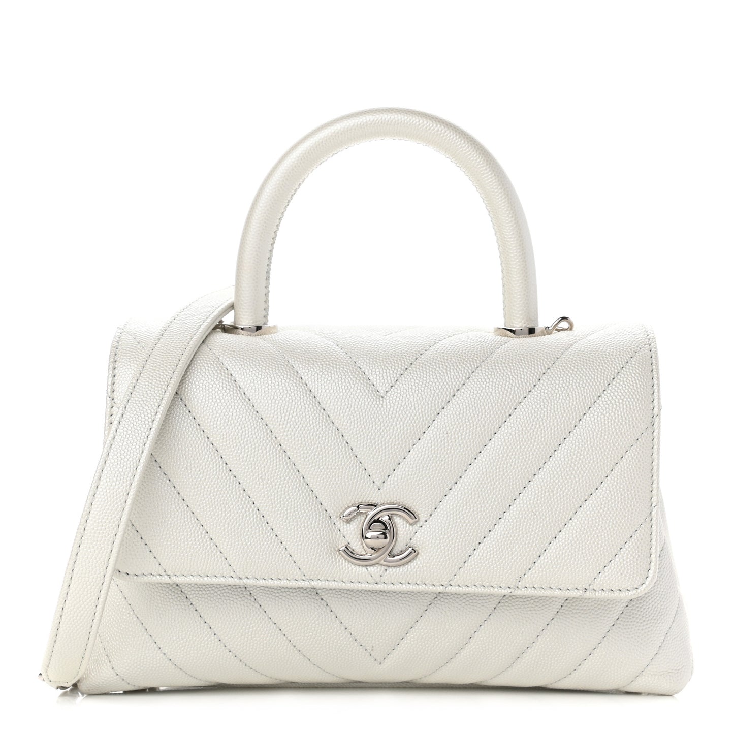 Iridescent Caviar Chevron Quilted Mini Coco Handle Flap White