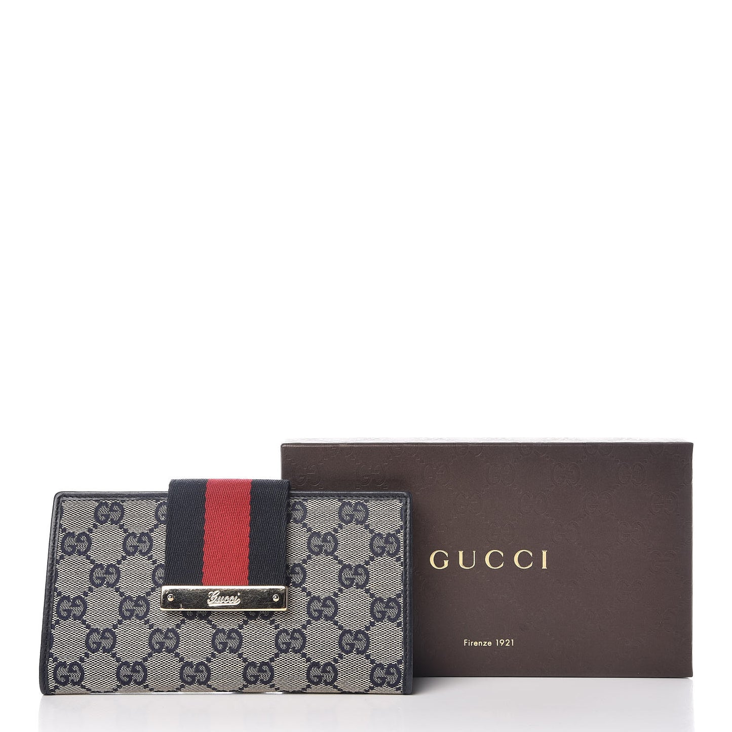 Monogram Calfskin Ladies Web Continental Wallet Beige Blue