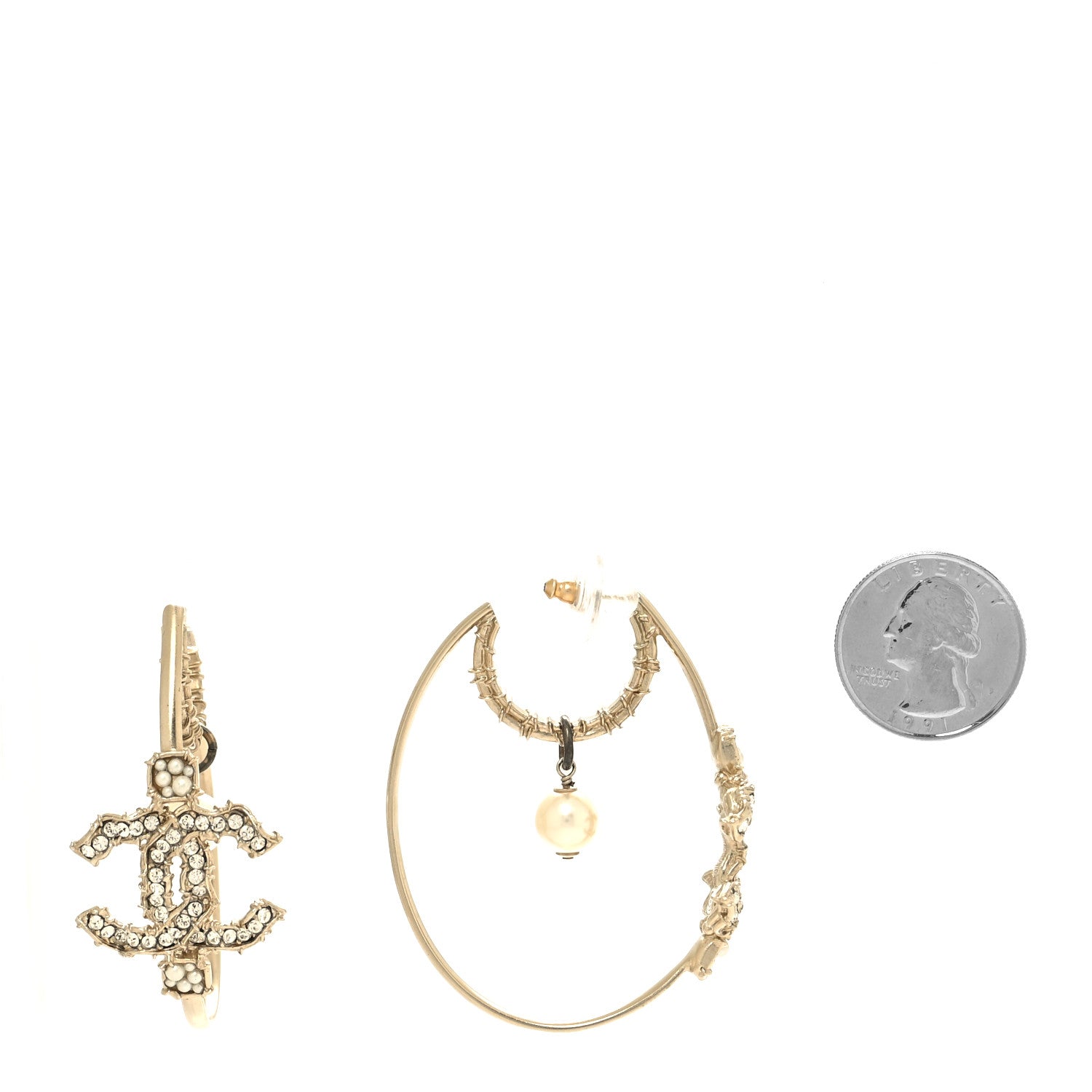 Chanel Crystal Pearl CC Drop Hoop Earrings Gold White 2 of 4