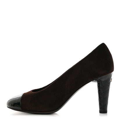Chanel Kid Suede Patent Calfskin Cap Toe CC Pumps 38 Brown Black 1 of 9
