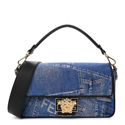 Versace X FENDI Fabric Calfskin Medusa Denim Patchwork Print Baguette Blue Black Gold 1 of 9