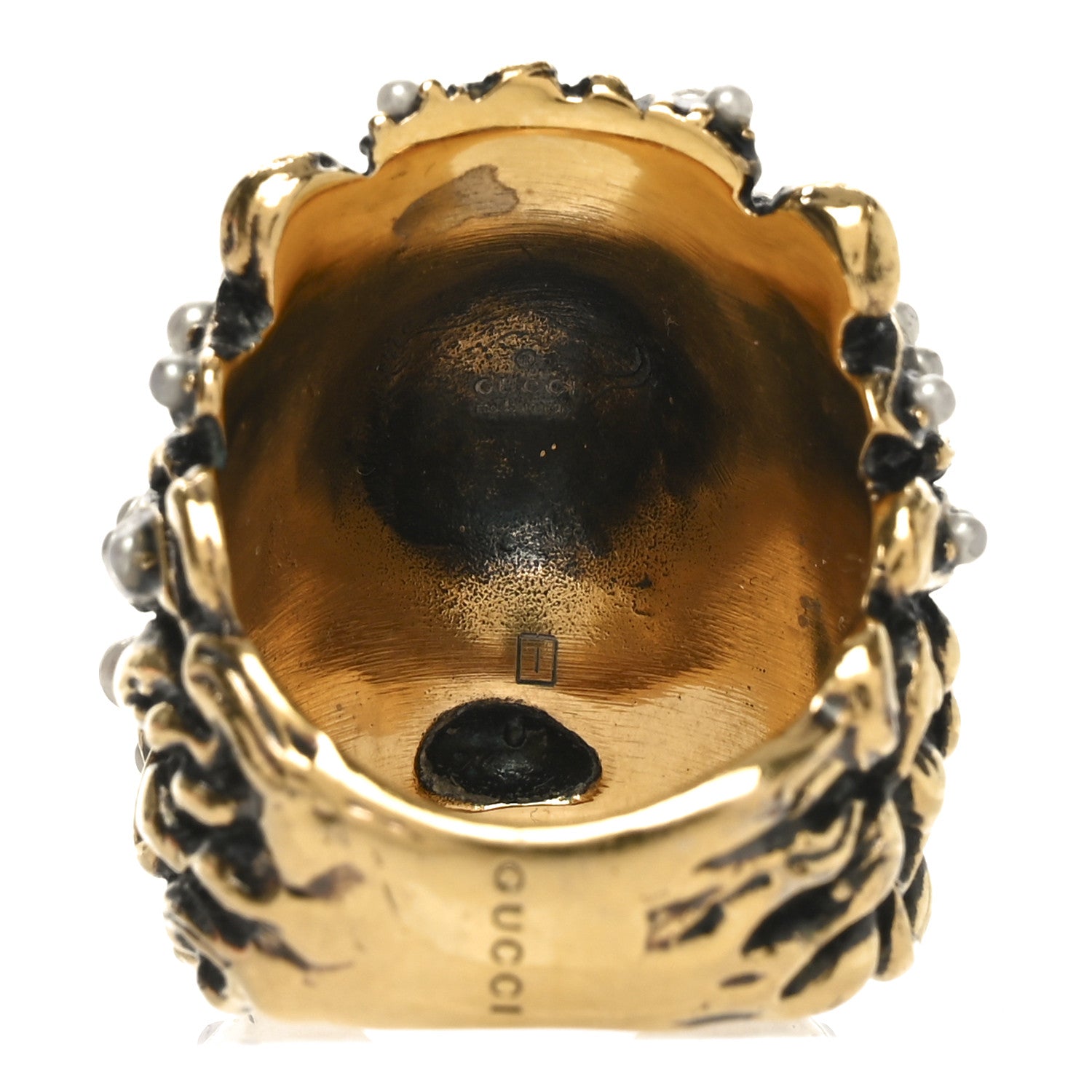 Gucci Metal Pearl Crystal Lion Head Ring 58 8.25 Aged Gold 3 of 4