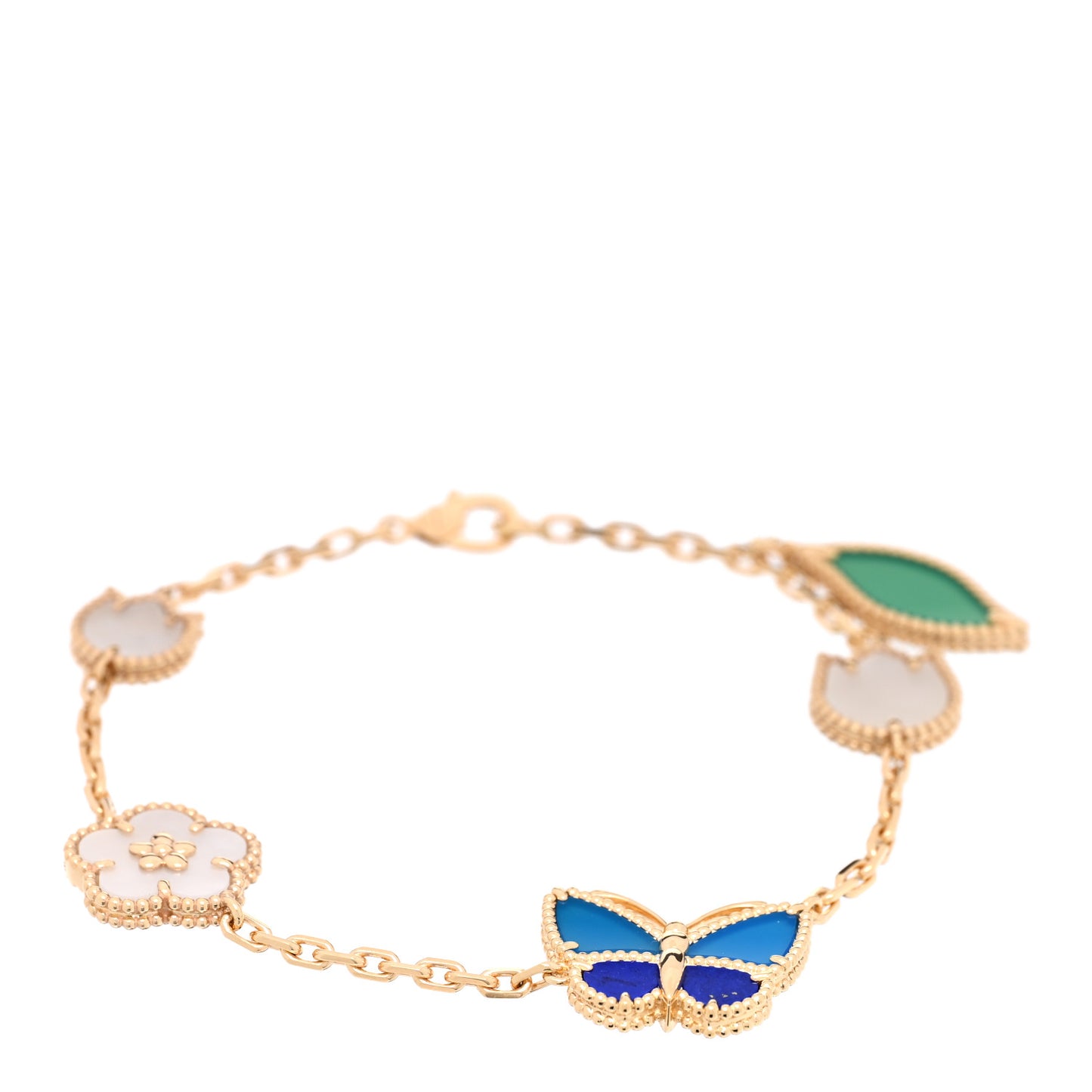 18K Yellow Gold Agate Lapis Lazuli Mother of Pearl 5 Motifs Lucky Spring Bracelet
