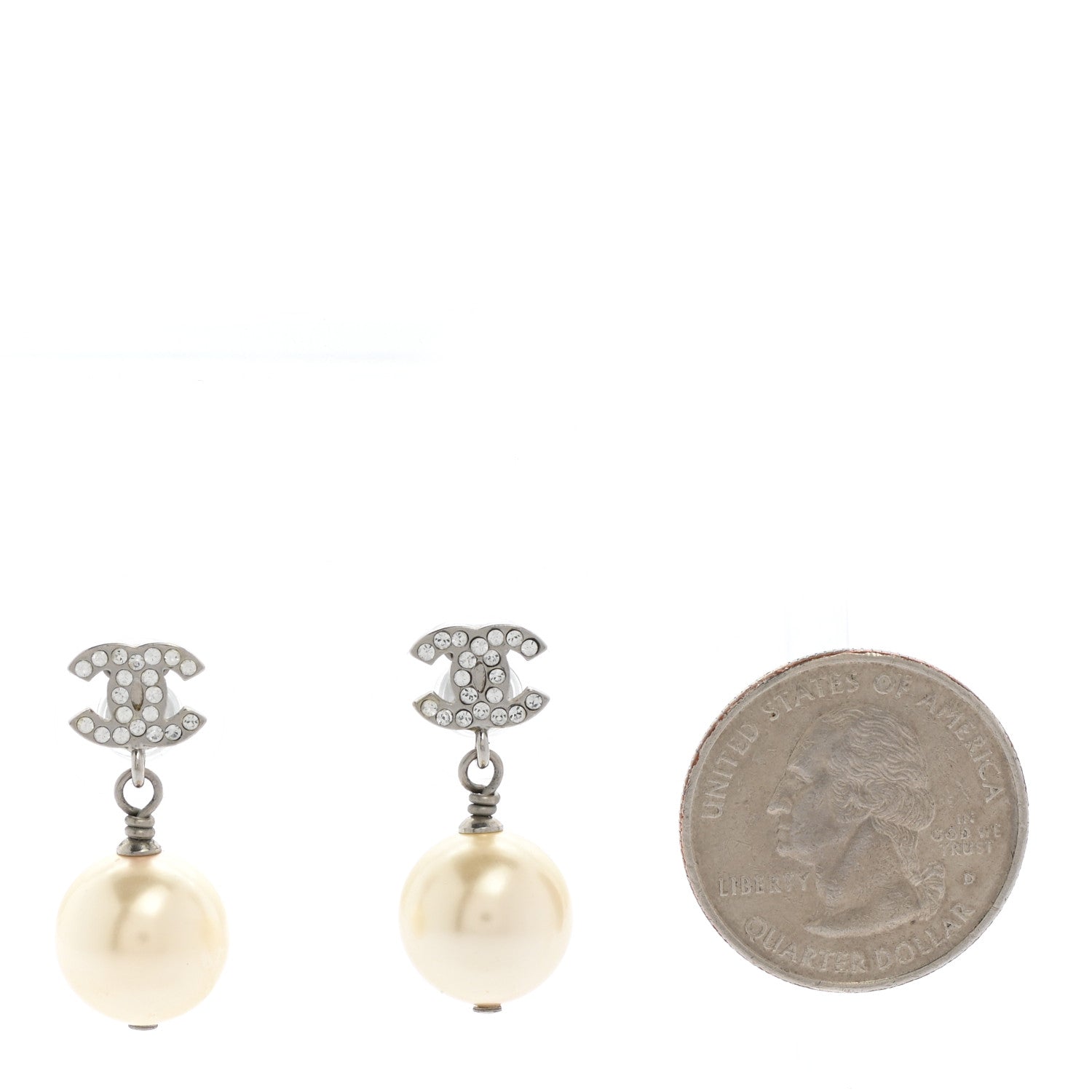 Chanel Crystal Pearl CC Drop Earrings Silver Pearly White 2 of 5