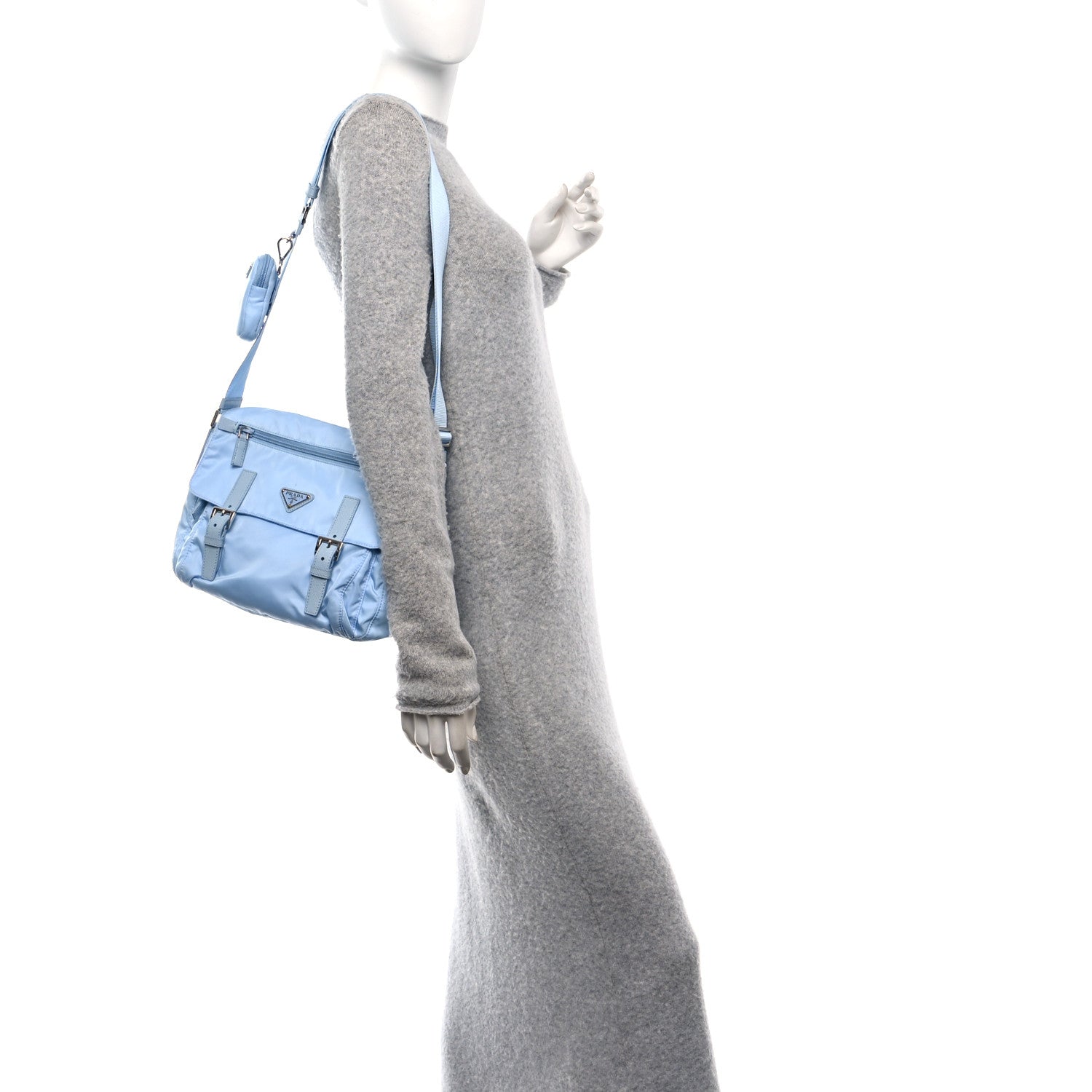 Prada Re-Nylon Vela Saffiano Pocket Double Buckle Messenger Shoulder Bag Celeste 2 of 11