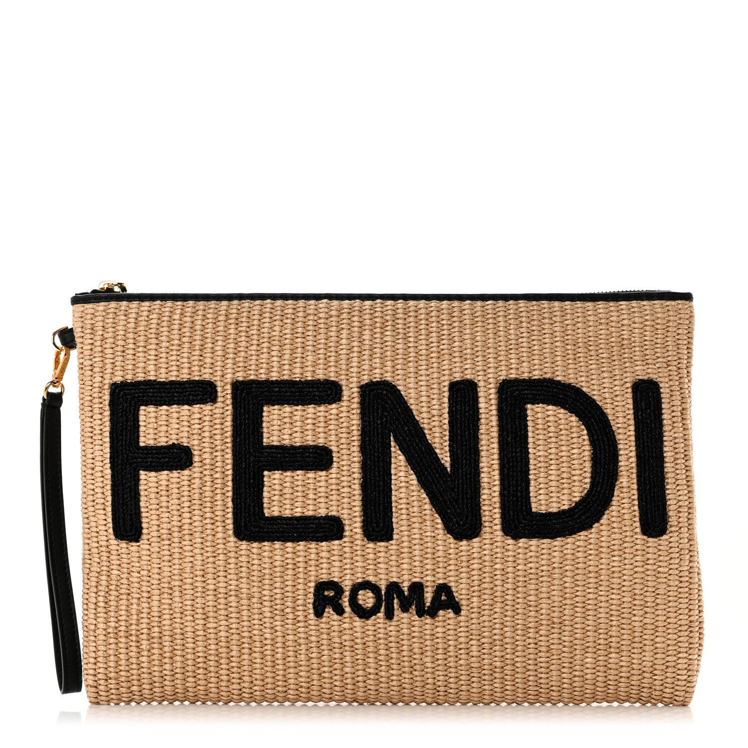 Fendi Straw Vitello King Logo Woven Large Flat Pouch Paglia Black 1 of 6
