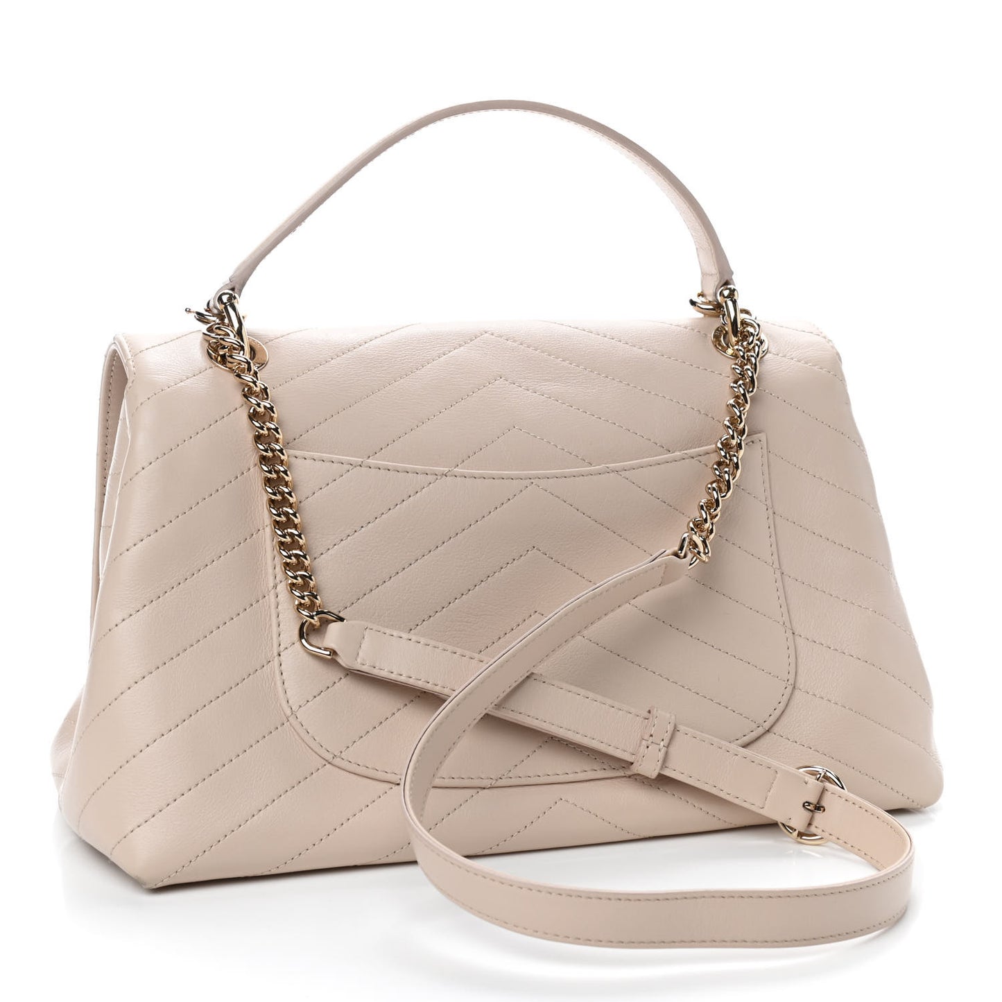 Grained Calfskin Stitched Medium Chevron Chic Top Handle Flap Beige