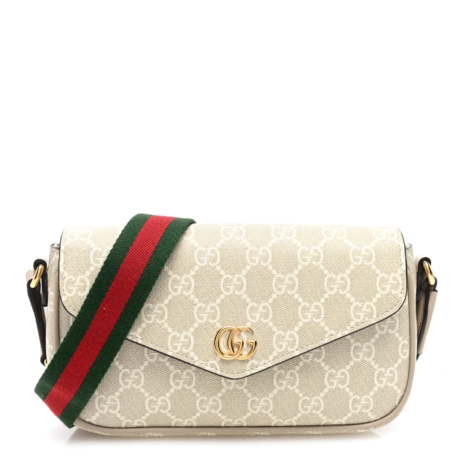 Gucci GG Supreme Monogram Textured Dollar Calfskin Web Mini Ophidia Envelope Shoulder Bag Beige Mystic White Oatmeal 1 of 9