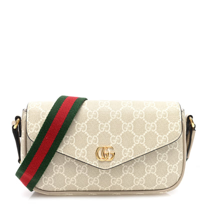 Gucci GG Supreme Monogram Textured Dollar Calfskin Web Mini Ophidia Envelope Shoulder Bag Beige Mystic White Oatmeal 1 of 9
