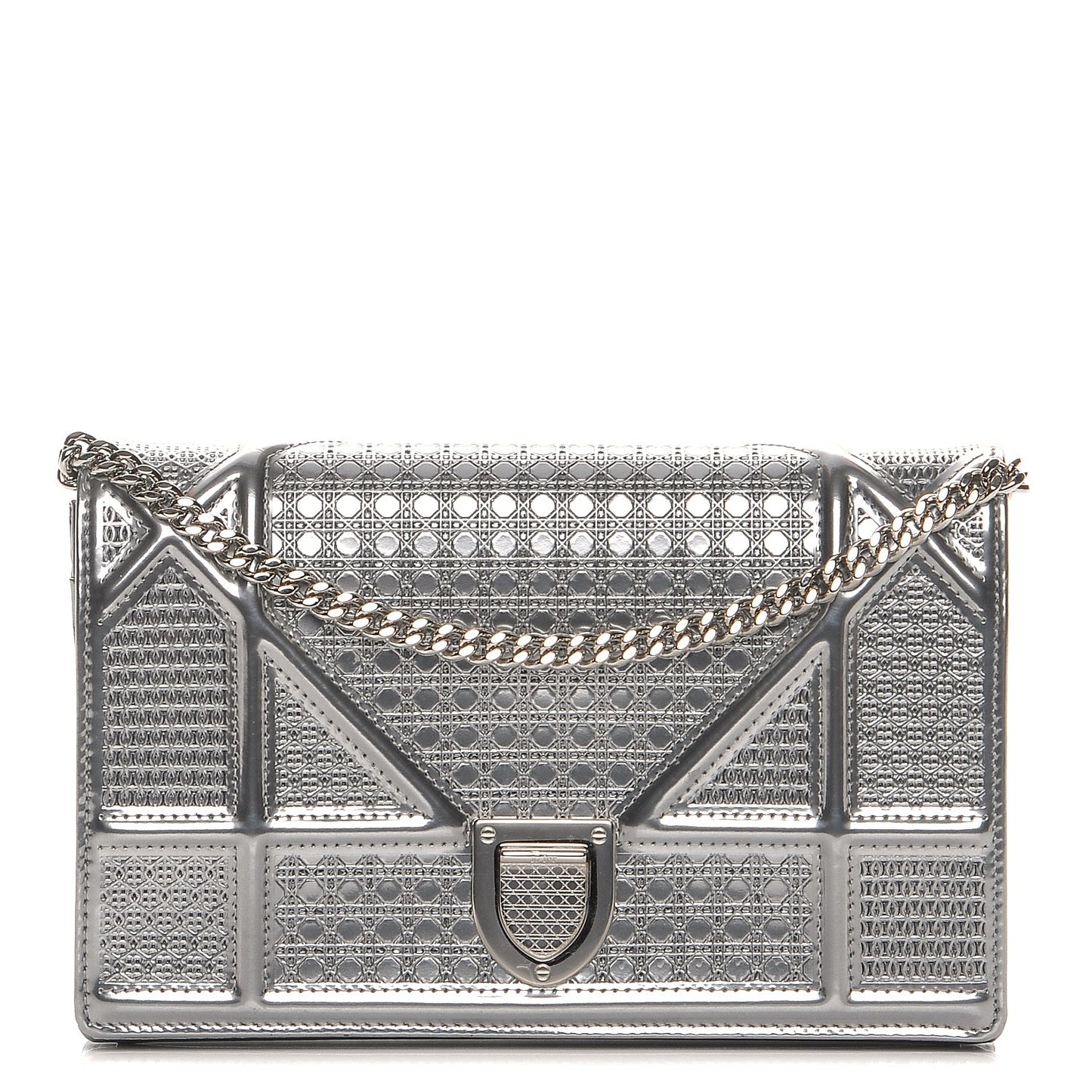 Metallic Patent Micro-Cannage Diorama Wallet on Chain Pouch Silver