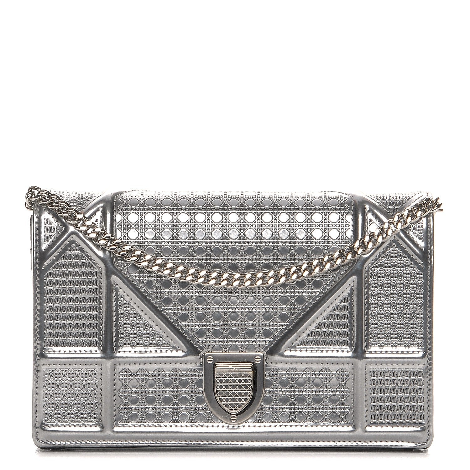 Christian Dior Metallic Patent Micro-Cannage Diorama Wallet on Chain Pouch Silver 1 of 9