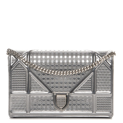 Christian Dior Metallic Patent Micro-Cannage Diorama Wallet on Chain Pouch Silver 1 of 9