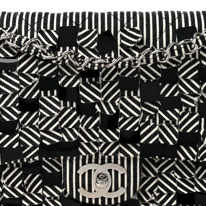 Chanel Canvas Sequin Stripe Medium Double Flap Black White 8 of 12