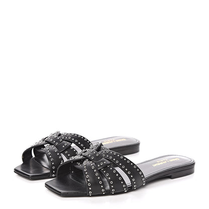 Saint Laurent Calfskin Grommet Tribute 05 Slide Sandals 36.5 Black 3 of 9