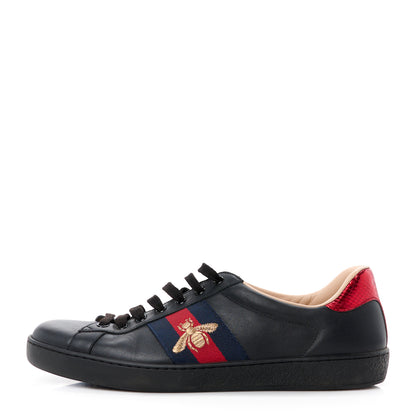 Gucci Miro Soft Calfskin Laminated Ayers Web Bee Embroidered Mens Ace Sneakers 10.5 Black Red Flame Night 1 of 9