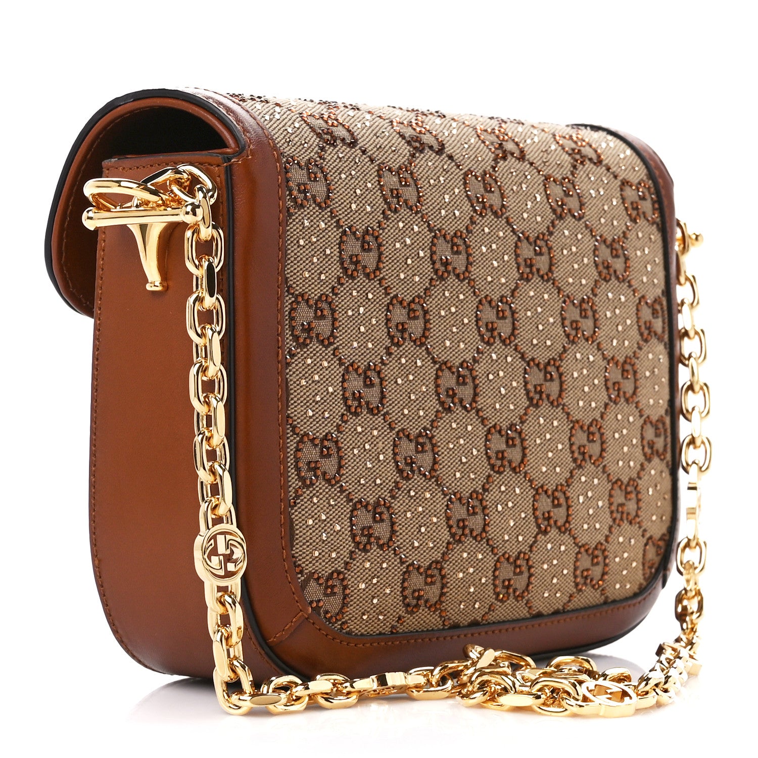 Gucci New Canvas Charisma Calfskin Crystal GG Monogram Mini Horsebit 1955 Shoulder Bag Camel Ebony 3 of 13
