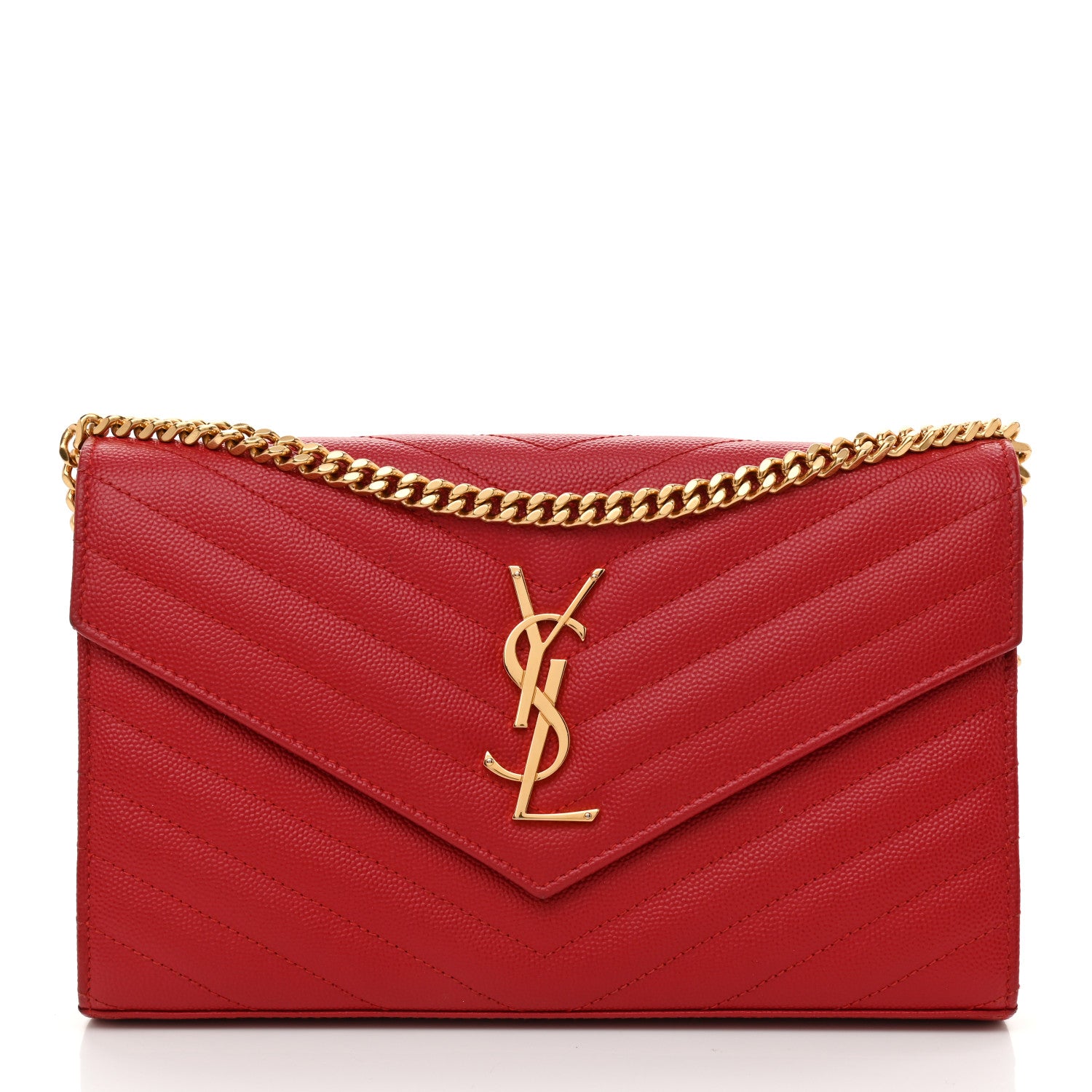 Saint Laurent Grain De Poudre Matelasse Chevron Monogram Chain Wallet New Red 1 of 8