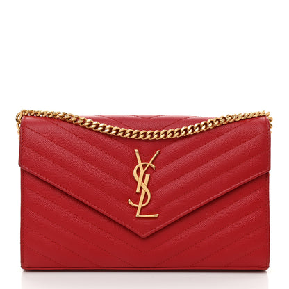 Saint Laurent Grain De Poudre Matelasse Chevron Monogram Chain Wallet New Red 1 of 8