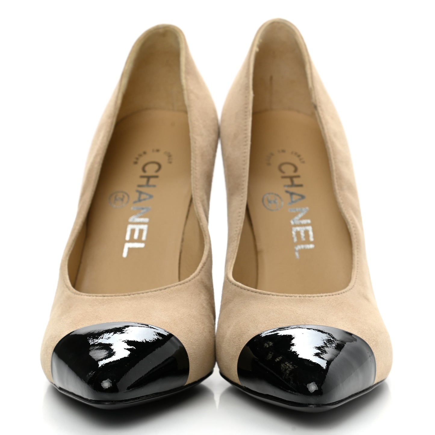 Suede Patent Calfskin Cap Toe Pearl Pumps 35 Beige Black