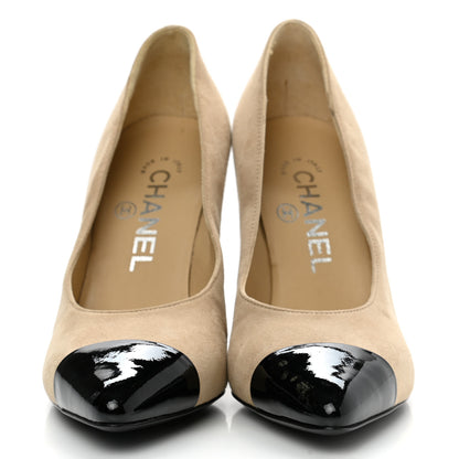 Chanel Suede Patent Calfskin Cap Toe Pearl Pumps 35 Beige Black 2 of 10