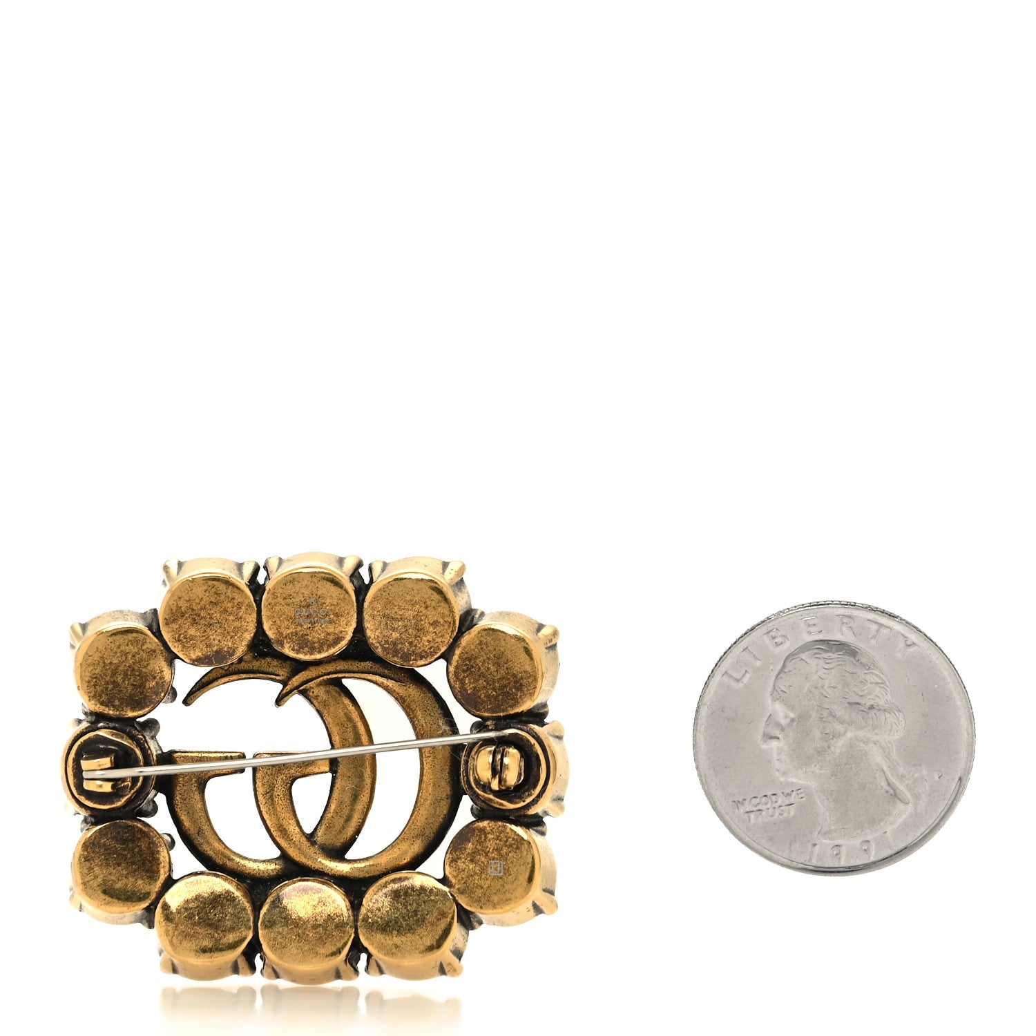 Gucci Metal Crystal Double G Brooch Aged Gold 2 of 4