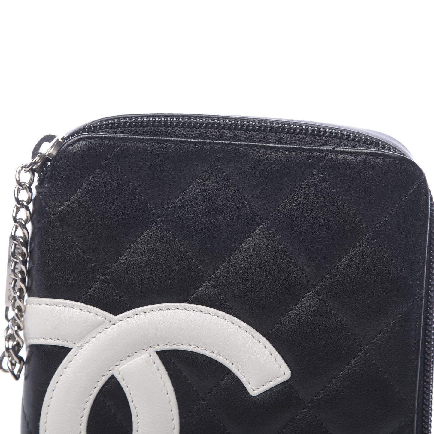 Calfskin Quilted Cambon Zip Around Cosmetic Pouch Black