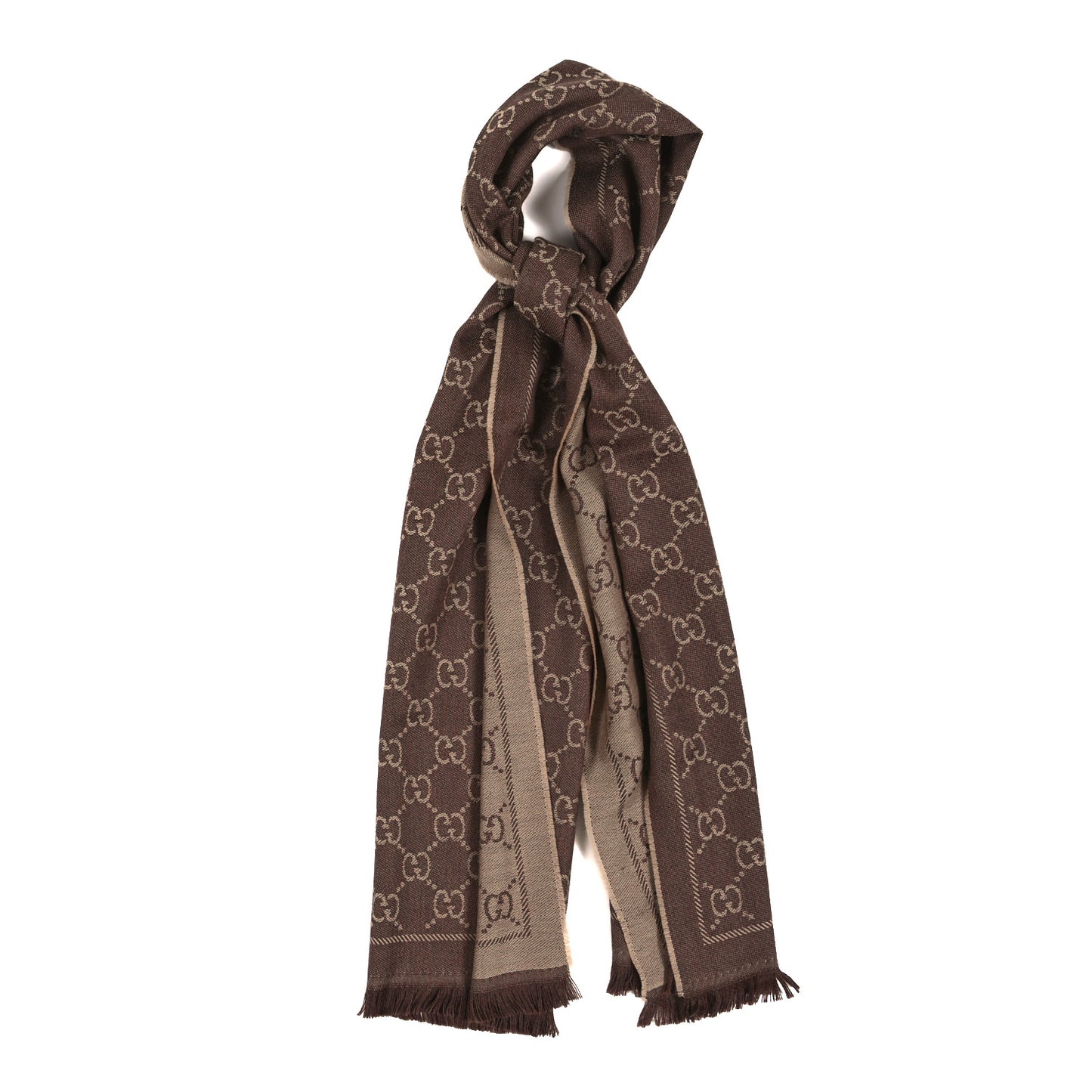 Wool Jacquard GG Monogram Sten Fringe Scarf Light Brown