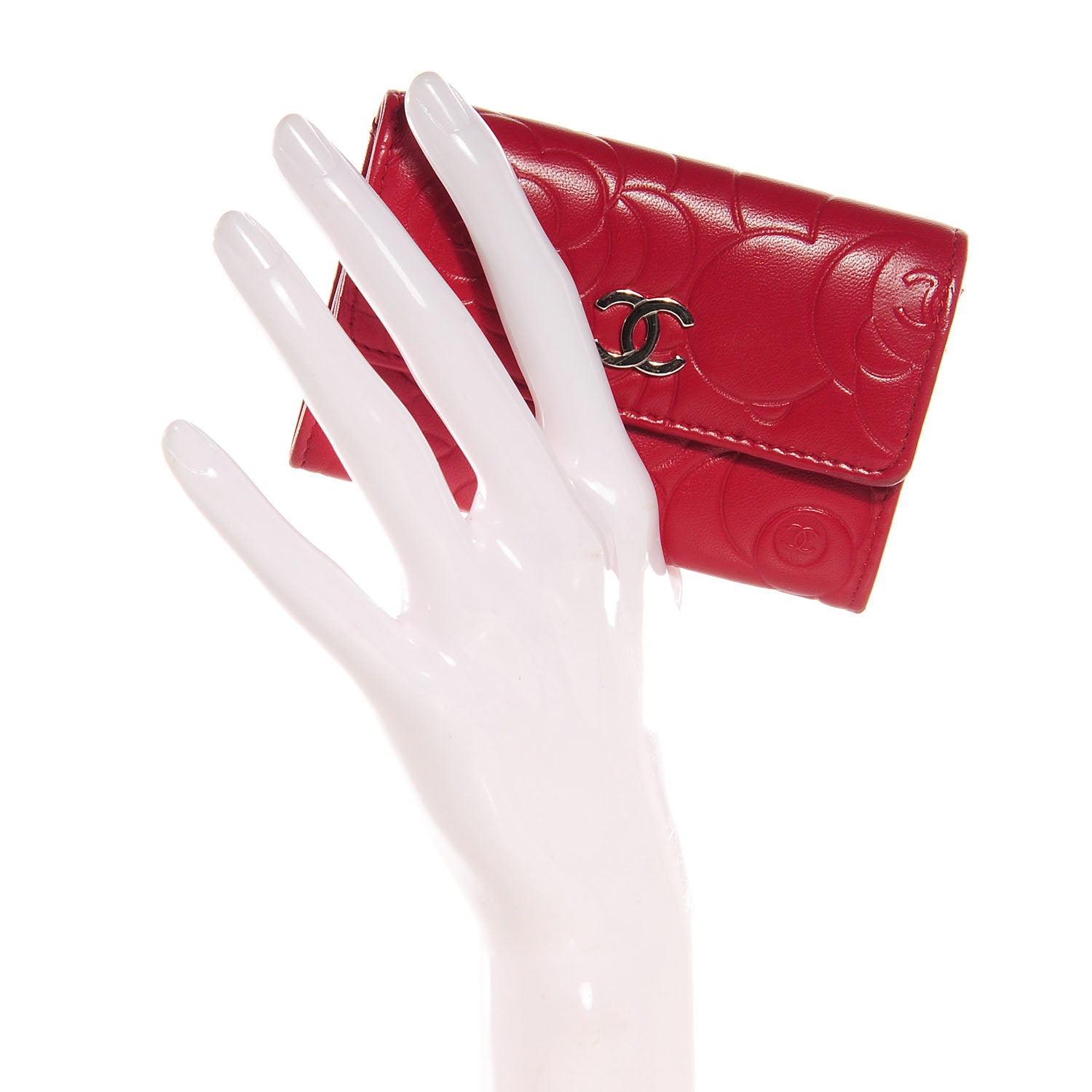 Chanel Lambskin Camellia Embossed Card Holder Wallet Rouge 2 of 9