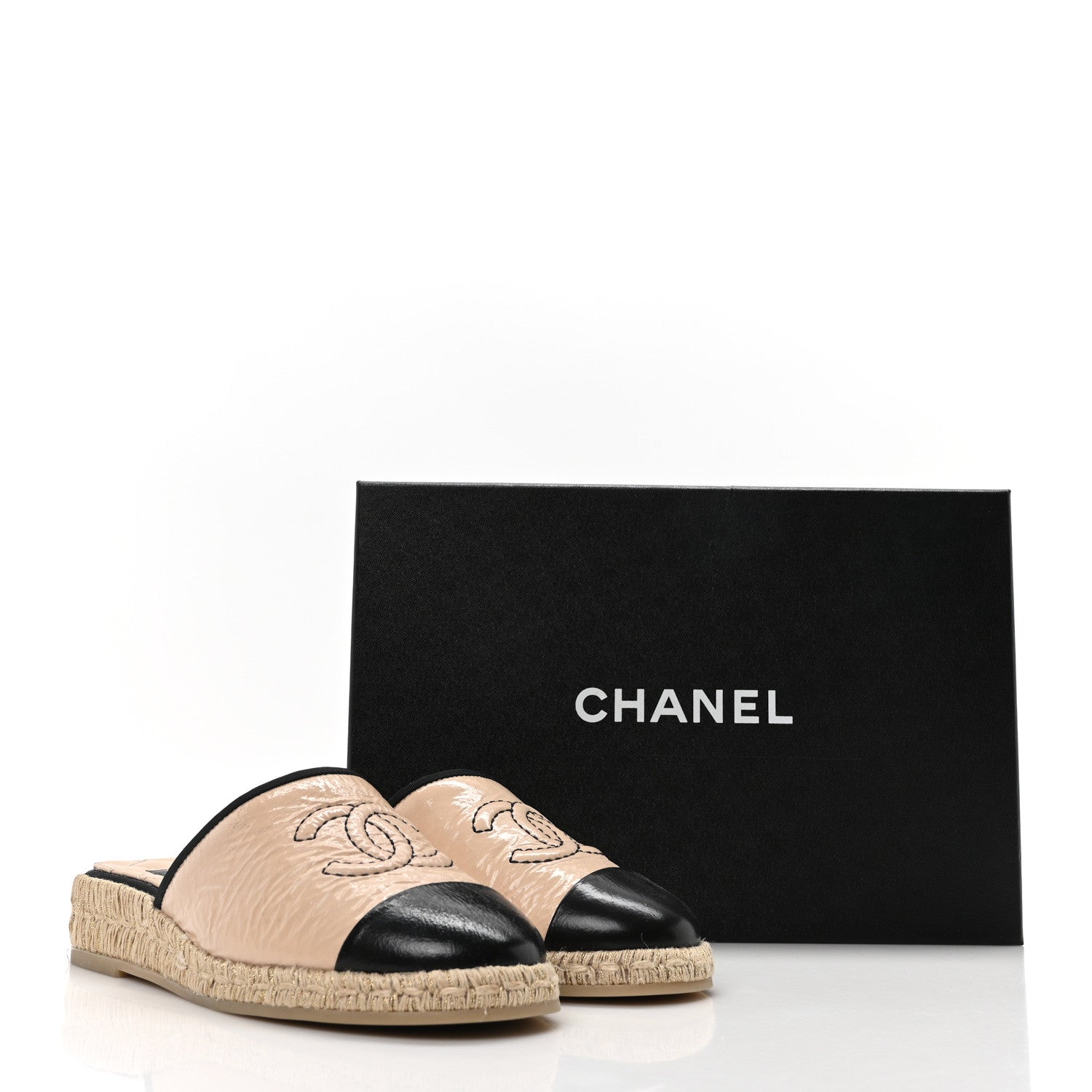 Chanel Crumpled Goatskin CC Espadrille Mules 36 Beige Black