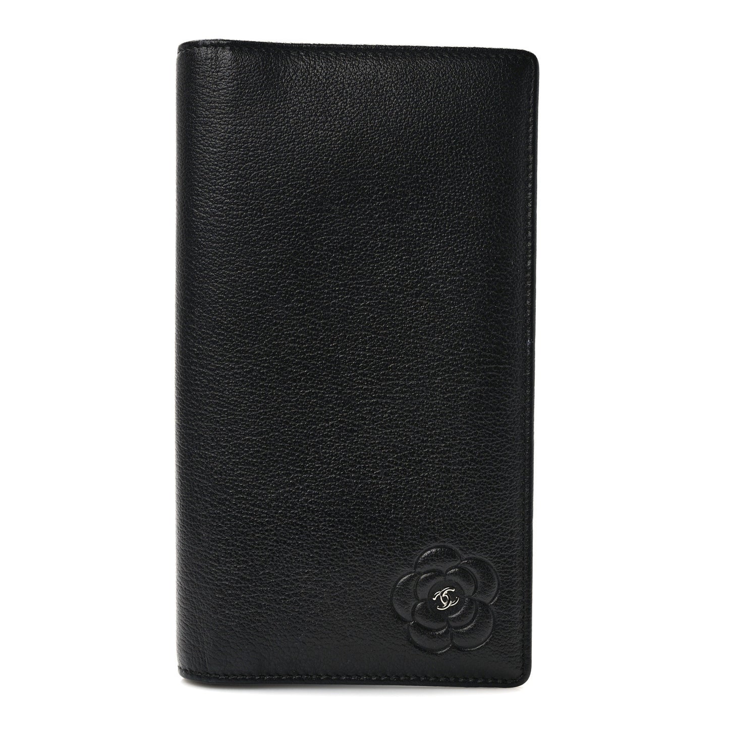 Goatskin Camellia Embossed Yen Wallet Black