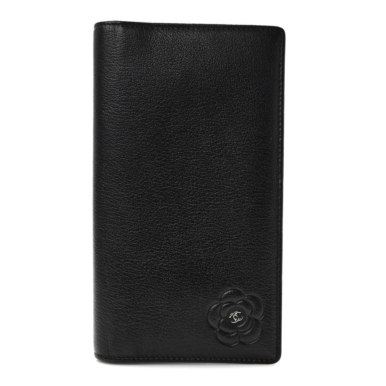 Chanel Goatskin Camellia Embossed Yen Wallet Black 1 of 6