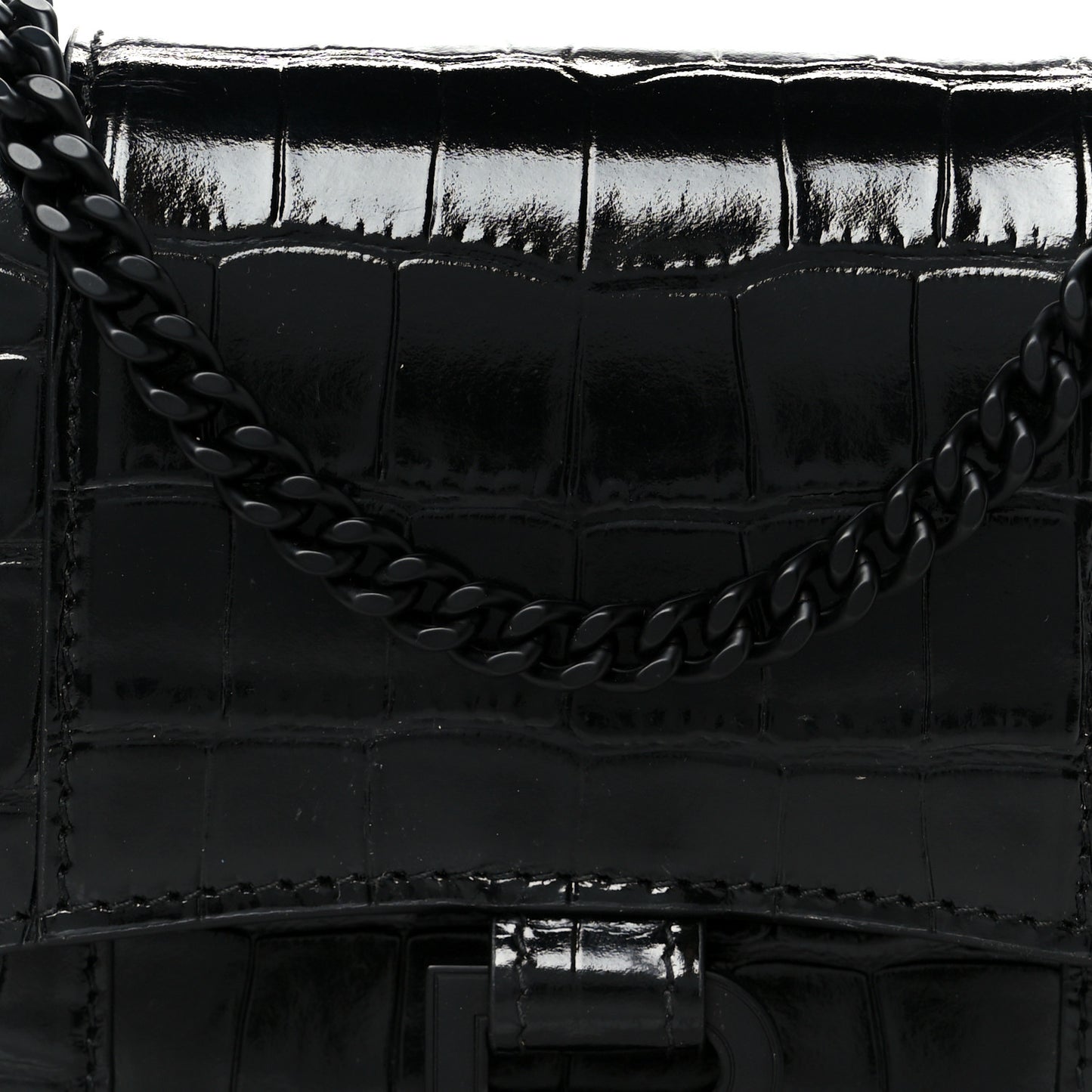 Shiny Calfskin Monochrome Crocodile Embossed Hourglass Chain Bag Black