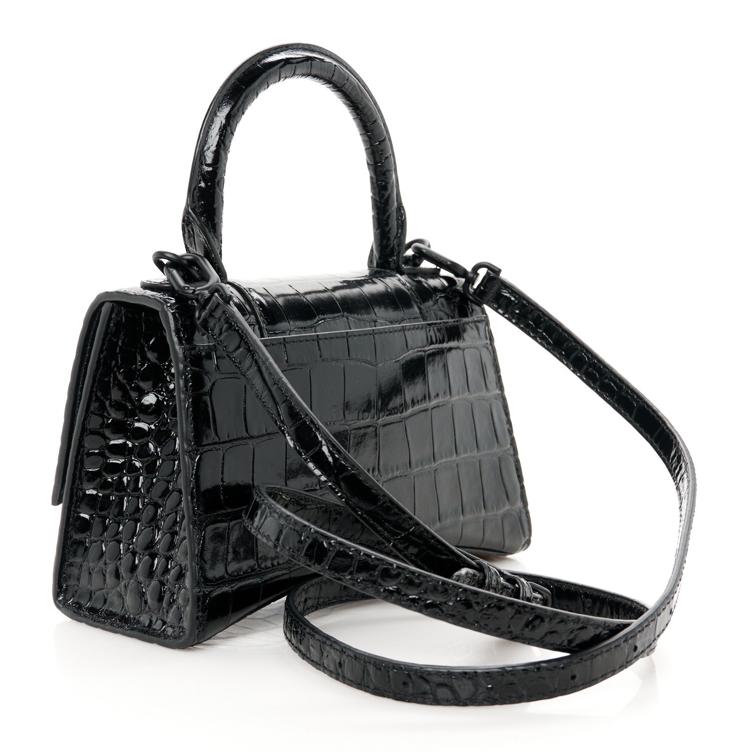 Balenciaga Shiny Calfskin Monochrome Crocodile Embossed Hourglass Top Handle Bag XS Black 3 of 10