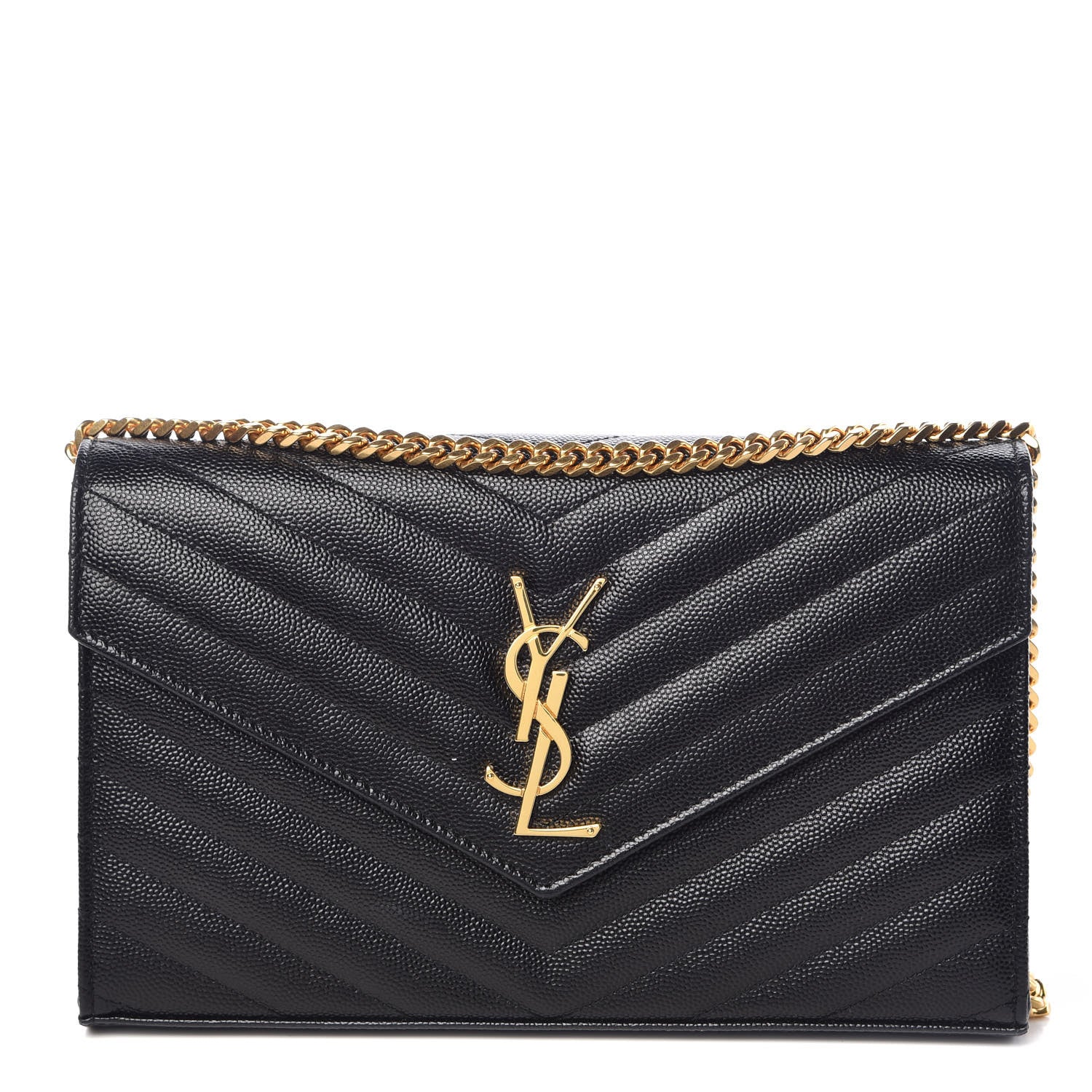Saint Laurent Grain De Poudre Matelasse Chevron Monogram Chain Wallet Black 1 of 8