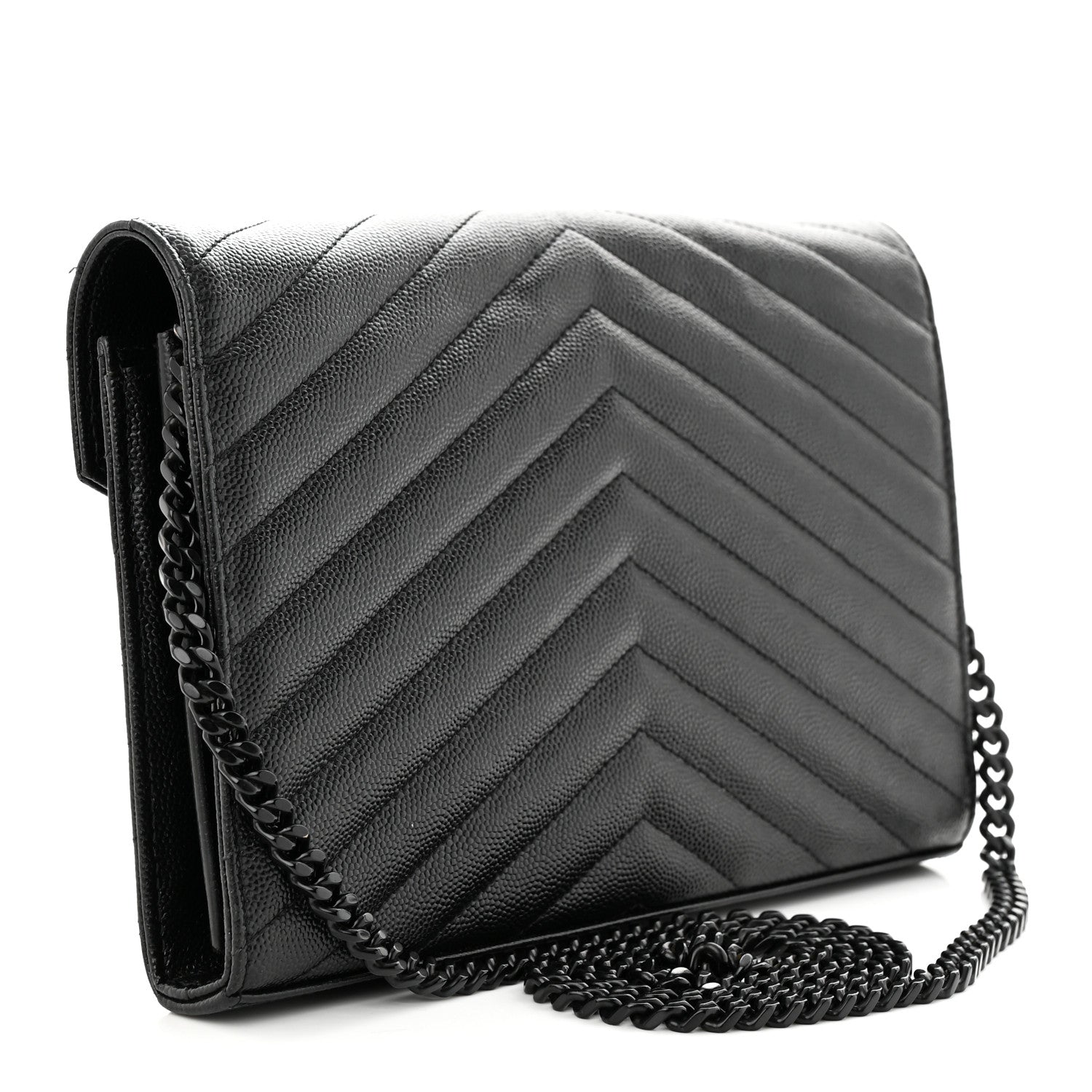 Saint Laurent Grain De Poudre Matelasse Chevron Monogram Monochrome Chain Wallet Black 3 of 13