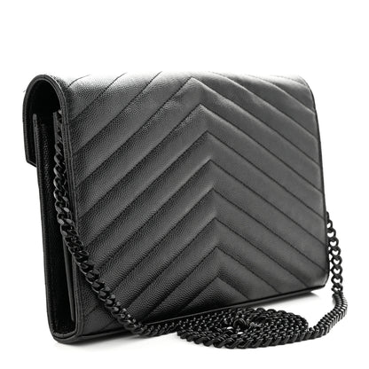 Saint Laurent Grain De Poudre Matelasse Chevron Monogram Monochrome Chain Wallet Black 3 of 13