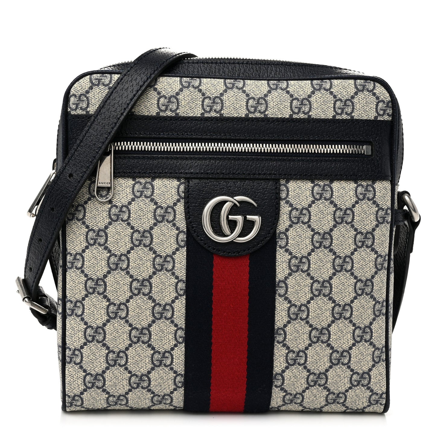 GG Supreme Monogram Textured Dollar Calfskin Web Small Ophidia Messenger Bag Beige Blue