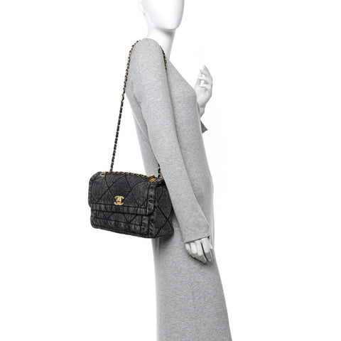 Washed Denim Quilted Large Flap Bag Black