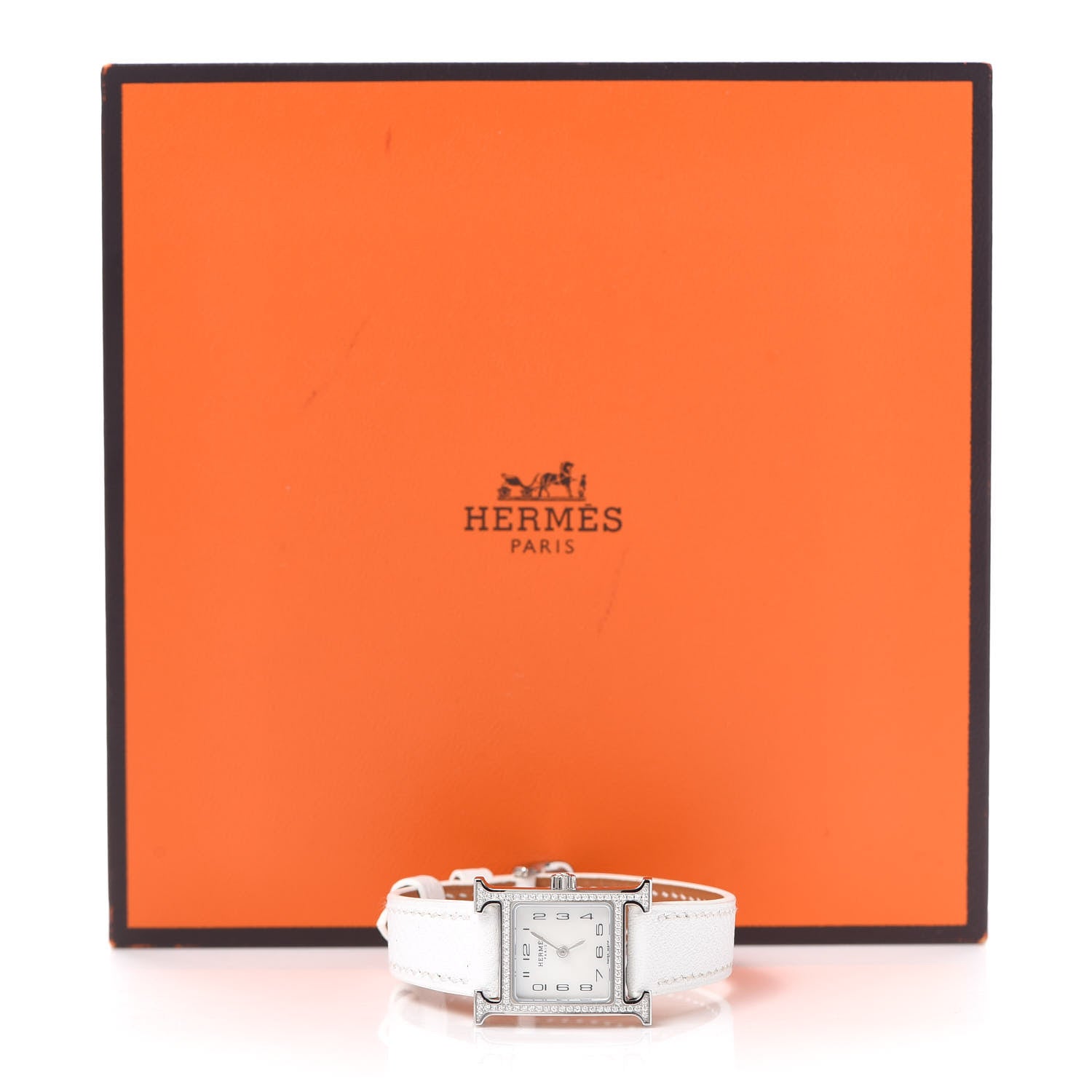 Hermes Stainless Steel Epsom Diamond Bezel Mother of Pearl 17.2mm Heure H Hour Quartz Watch Blanc 5 of 5