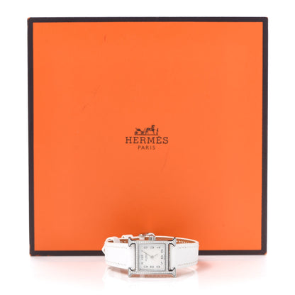Hermes Stainless Steel Epsom Diamond Bezel Mother of Pearl 17.2mm Heure H Hour Quartz Watch Blanc 5 of 5
