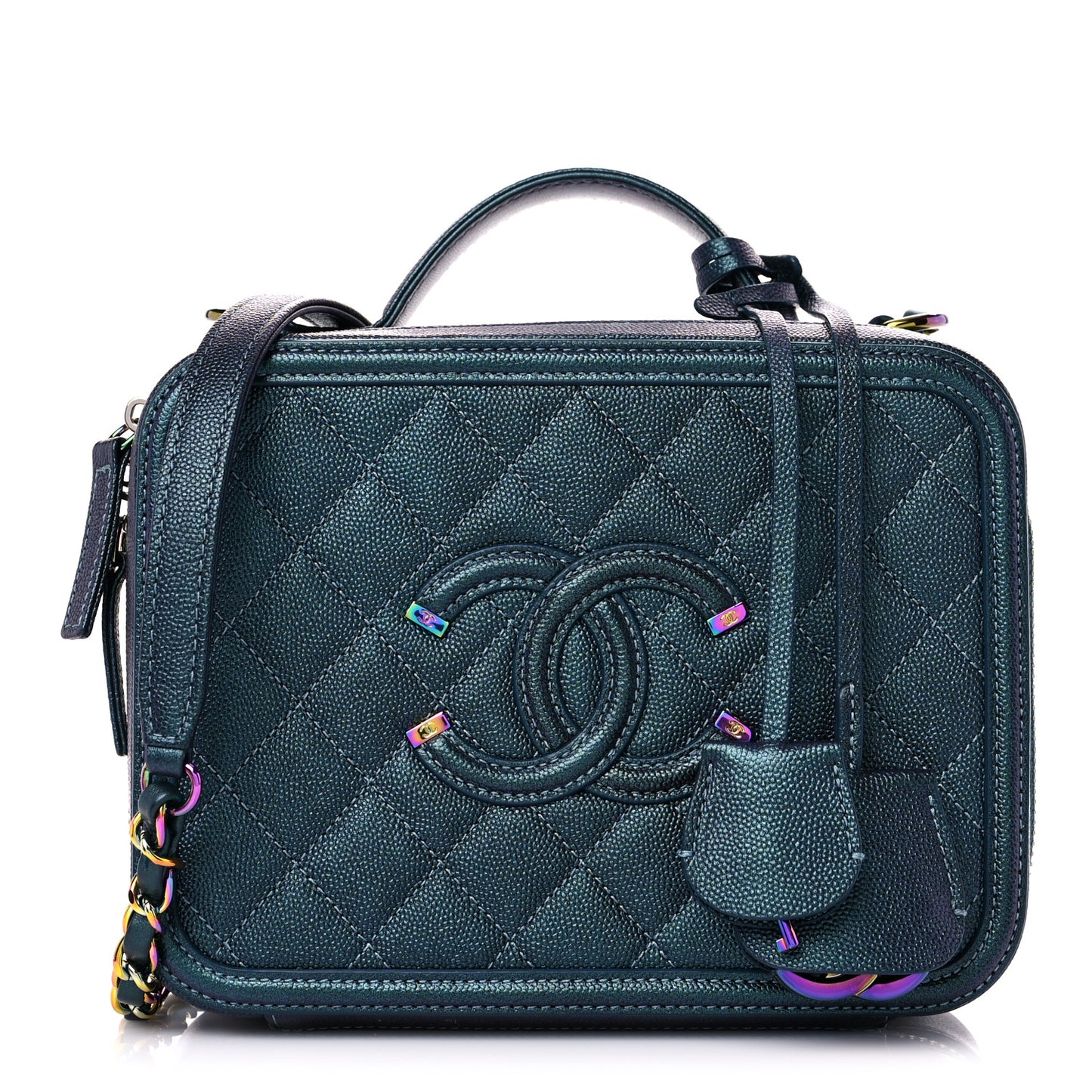 Iridescent Caviar Quilted Medium CC Filigree Vanity Case Dark Turquoise